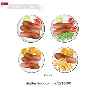 Serbian Cuisine, Illustration of Cevapi or Traditional Charcoal Grilled Minced Meat Sausage. The National Dish of Serbia.