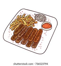 Serbian Cuisine, Illustration of Cevapi or Traditional Charcoal Grilled Minced Meat Sausage. The National Dish of Serbia and Montenegro.