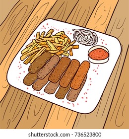 Serbian Cuisine, Illustration of Cevapi or Traditional Charcoal Grilled Minced Meat Sausage. The National Dish of Serbia and Montenegro.