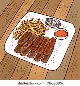 Serbian Cuisine, Illustration of Cevapi or Traditional Charcoal Grilled Minced Meat Sausage. The National Dish of Serbia and Montenegro.