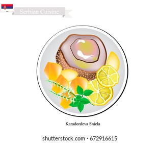 Serbian Cuisine, Karadordeva Snicla or Traditional Bread Rolled Veal or Pork Steak, Stuffed with Kajmak Cheese Served with Tartar Sauce. One of The Most Popular Dish of Serbia