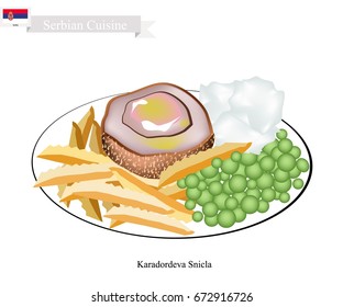 Serbian Cuisine, Karadordeva Snicla or Traditional Bread Rolled Veal or Pork Steak, Stuffed with Kajmak Cheese Served with Tartar Sauce. One of The Most Popular Dish of Serbia