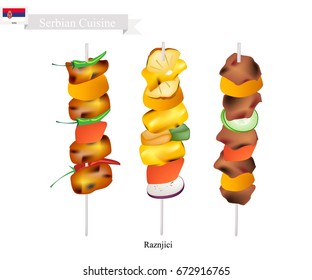 Serbian Cuisine, Raznjici or Traditional Grilled Beef, Pork, Lamb, Chicken or Meat Barbecue on Skewers. One of The Most Popular Dish of Serbia
