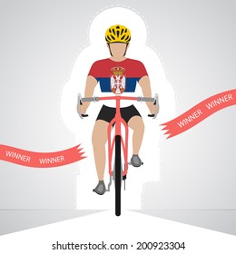 Serbian cyclist in front view crossing red finish line vector isolated illustration
