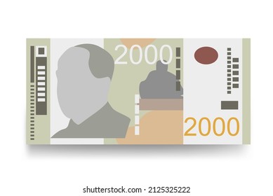 Serbian Dinar Vector Illustration. Serbia, Kosovo money set bundle banknotes. Paper money 2000 RSD. Flat style. Isolated on white background. Minimal design.