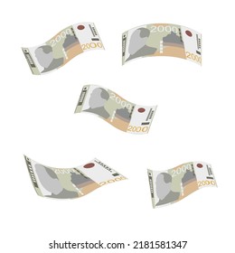 Serbian Dinar Vector Illustration. Serbia, Kosovo money set bundle banknotes. Falling, flying money 2000 RSD. Flat style. Isolated on white background. Simple minimal design