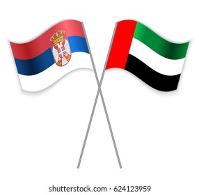 Serbian and Emirian crossed flags. Serbia combined with United Arab Emirates isolated on white. Language learning, international business or travel concept.