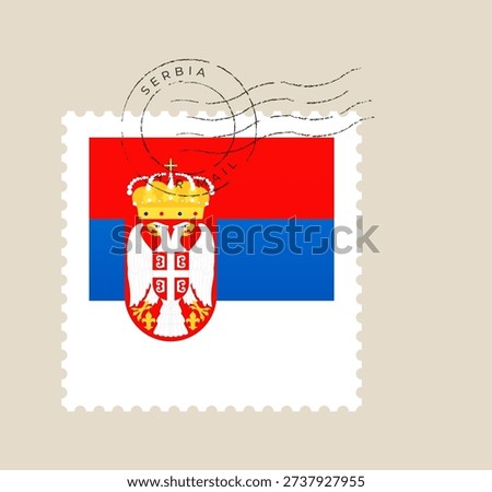 Serbian flag and coat of arms postage stamp cancelled with an air mail postmark, a nostalgic travel vector..