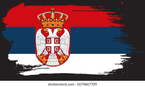 Serbische Fahne Schmutzspritzer Pinselstriche mit kreativem Pinsel Banner Thema Hintergrund, schwarzer Hintergrund