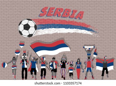 Serbian football fans cheering with Serbia flag colors in front of soccer ball graffiti. All the objects are in different layers and the text types do not need any font. 