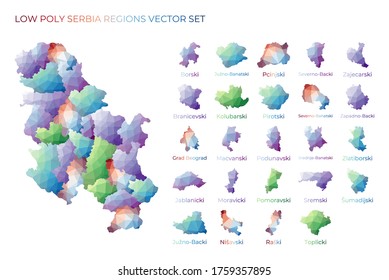 Serbian low poly regions. Polygonal map of Serbia with regions. Geometric maps for your design. Powerful vector illustration.