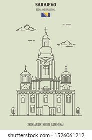 Serbian Orthodox Cathedral in Sarajevo, Bosnia and Herzegovina. Landmark icon in linear style
