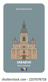 Serbian Orthodox Cathedral in Sarajevo, Bosnia and Herzegovina.  Architectural symbols of European cities. Colorful vector 