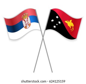 Serbian and Papuan crossed flags. Serbia combined with Papua New Guinea isolated on white. Language learning, international business or travel concept.