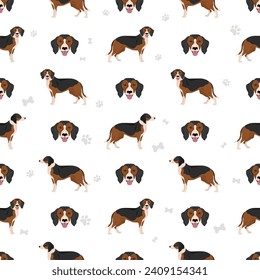 Serbisches Tricolor Hound nahtloses Muster. Alle Farben des Mantels.  Alle Hunde rassen Merkmale Infografik. Vektorgrafik