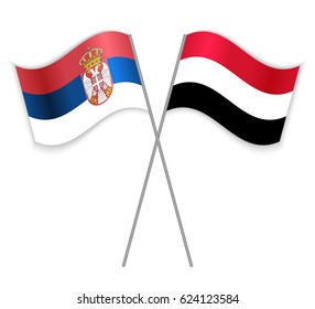 Serbian and Yemeni crossed flags. Serbia combined with Yemen isolated on white. Language learning, international business or travel concept.