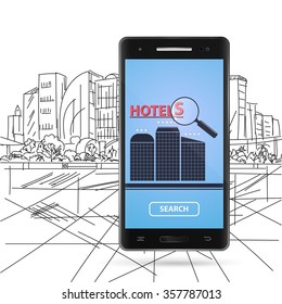 Serch hotel through smartphone. Modern black smartphone with touch screen on white background. Isolated mobile phone in vector on city background.