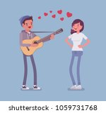 Serenade dating couple. Young man in love singing a romantic song and playing guitar for his beloved woman, entertains pretty girlfriend, nice love expression. Vector flat style cartoon illustration