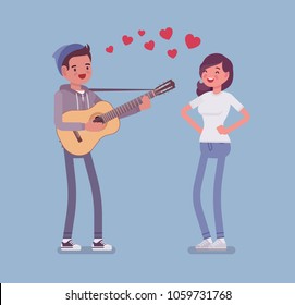 Serenade dating couple. Young man in love singing a romantic song and playing guitar for his beloved woman, entertains pretty girlfriend, nice love expression. Vector flat style cartoon illustration