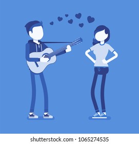 Serenade dating couple. Young man in love singing a romantic song and playing guitar for beloved woman, entertains pretty girlfriend, nice love expression. Vector illustration with faceless characters