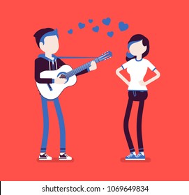 Serenade dating couple. Young man in love singing a romantic song and playing guitar for beloved woman, entertains pretty girlfriend, nice love expression. Vector illustration with faceless characters