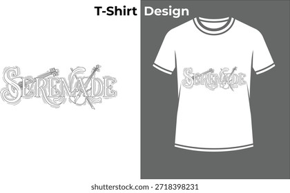Serenade música tipografia t-shirt vetor ilustração, design de texto prateado com fonte elegante para música, melodia, e temas de concerto romântico.