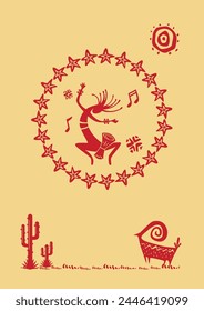 Serenade of the Spirits, Kokopelli Artwork Echoing Music and Primordial Life. Kokopelli Art, Native American Painting, Musician Wall Decor, Tribal Life Illustration.