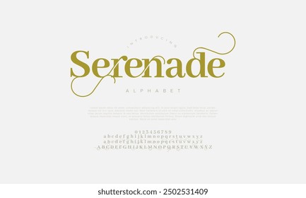 Serenata swash letras elegantes de lujo del alfabeto y números. Antiguas tipografía de boda clásica serif fuente decorativa vintage retro. Ilustración vectorial creativa