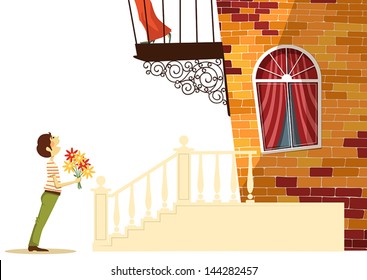 Serenade under the balcony of his girlfriend, illustration