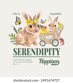 serendipity slogan with rabbits in flower garden vector illustration