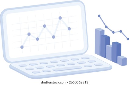 A serene 2D icon featuring a laptop displaying a growing line graph on its screen, accompanied by a set of bar charts and a downward trend line beside it. This visual effectively represents data analy