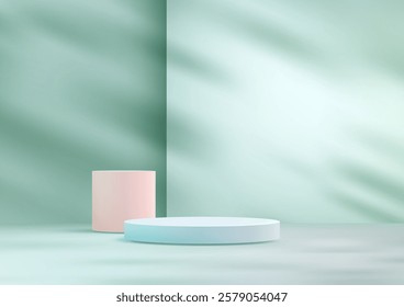 Serene 3D scene featuring pastel cylindrical podiums illuminated by soft sunlight. The mint green backdrop and shadows create a minimalist stage ideal for product mockups and showcases