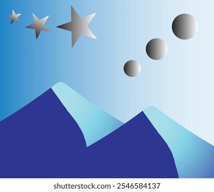 A serene abstract artwork featuring gradient blue mountains with glowing cyan peaks under a starry sky.