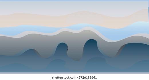 Un fondo abstracto sereno con Formas onduladas en capas en un gradiente armonioso de azules fríos, grises suaves y tonos beige sutiles, creando un flujo visual calmante.