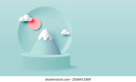 A serene abstract illustration of a mountain Fuji in Japan with snow, a pink sunrise, and soft clouds in pastel tones