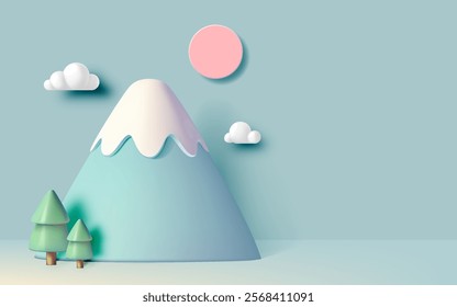 A serene abstract illustration of a mountain Fuji in Japan with snow, a pink sunrise, and soft clouds in pastel tones