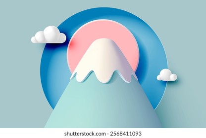 A serene abstract illustration of a mountain Fuji in Japan with snow, a pink sunrise, and soft clouds in pastel tones