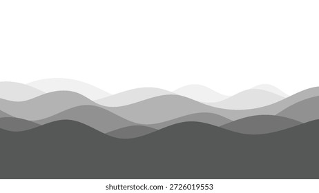 A serene abstract landscape featuring multiple overlapping undulating gray wavy layers, creating a smooth gradient effect from dark to light, ideal for minimalist backgrounds and digital art