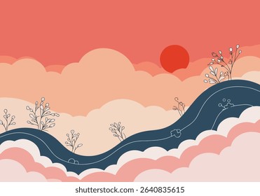 A serene abstract landscape featuring a sunset sky, rolling clouds, a winding river, and delicate floral elements in a minimalist style.
