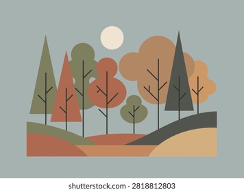 Serene abstract landscape of a geometric forest in autumn colors with various stylized trees under a large white moon.