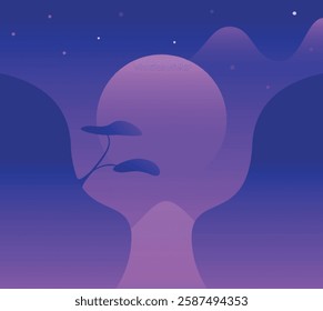 A serene and abstract night scene with a large moon, a silhouette of a tree, and a gradient of purple and blue hues.