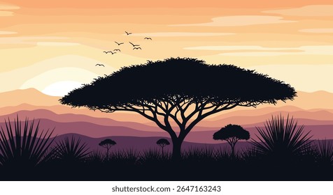 Serene African Savannah Sunset Landscape with Acacia Tree Silhouette