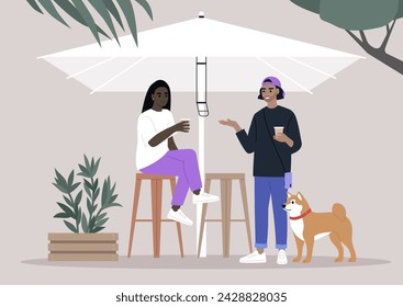 Serene Afternoon at a Backyard Gathering With Friends and a Shiba Inu, Two characters enjoying a conversation with a dog by their side under the shade of an umbrella