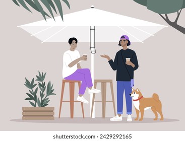 Serene Afternoon at a Backyard Gathering With Friends and a Shiba Inu, Two characters enjoying a conversation with a dog by their side under the shade of an umbrella