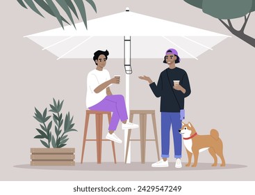 Serene Afternoon at a Backyard Gathering With Friends and a Shiba Inu, Two characters enjoying a conversation with a dog by their side under the shade of an umbrella