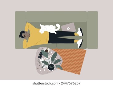 Serene Afternoon Nap on a Cozy Sofa With a Feline Friend, A person rests peacefully on a couch, accompanied by a cat, with snacks and a newspaper nearby