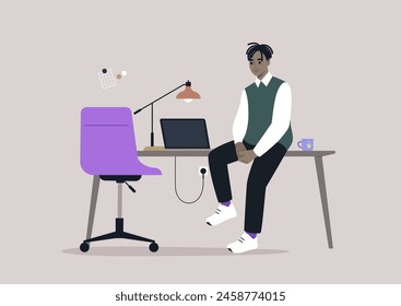 Serene Afternoon Pause in a Modern Home Office, A person reflects calmly, seated on a desk flanked by a laptop and desk lamp