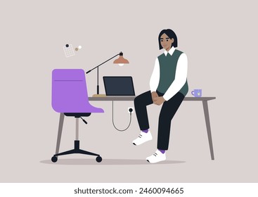 Serene Afternoon Pause in a Modern Home Office, A person reflects calmly, seated on a desk flanked by a laptop and desk lamp
