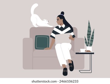 Serene Afternoon Work Session With a Playful Feline Companion, Tranquil moment as a woman works on her laptop with her cat stretching nearby