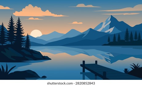 Serene Alpine Lake Flat Vector Landscape With Wooden Pier Pine Trees And Mountains